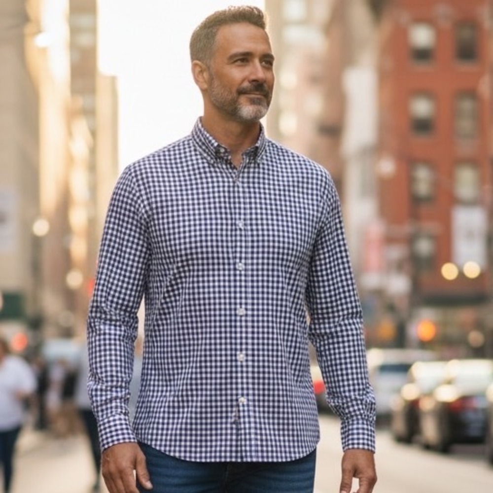 Mizzen+Main Leeward Mens XXL Trim Fit Purple Gingham Performance Button Shirt